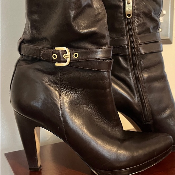 Brown Leather Knee High Dress Platform Heeled Boots Shaft 14.75 inches - Picture 2 of 5